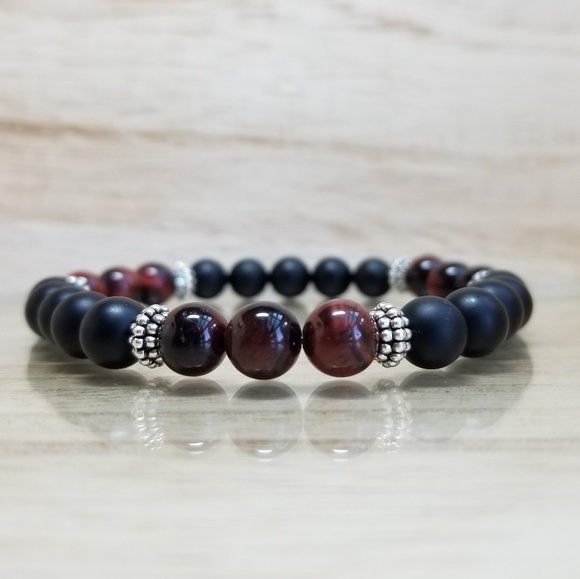 Black Onyx & Red Tiger Eye Stretch Bracelet - Picture 3 of 7